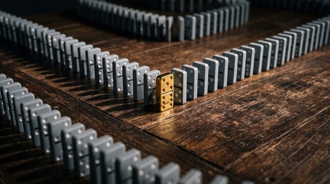 Golden domino standing out in a row. Unique piece breaking the pattern of grey tiles.