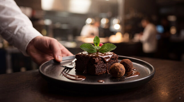 Waiter serving gourmet chocolate brownie cake with mint garnish and chocolate truffles on a dark plate in a restaurant