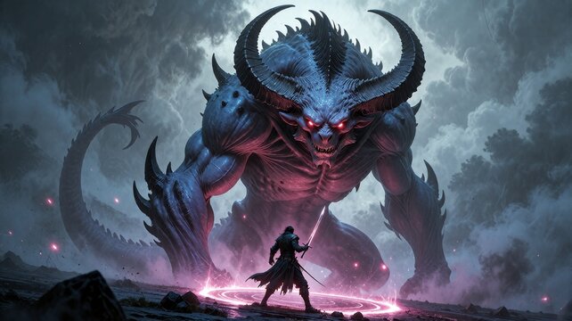 Warrior Confronting Giant Horned Demon in Dark Misty Landscape