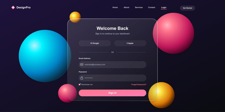 Modern glassmorphism login page design with 3d abstract spheres and gradient accents
