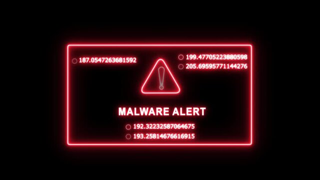 Cybersecurity malware alert warning sign with glowing red neon digital interface and rapidly changing data streams for high-tech network security, system breach notification, and online threat
