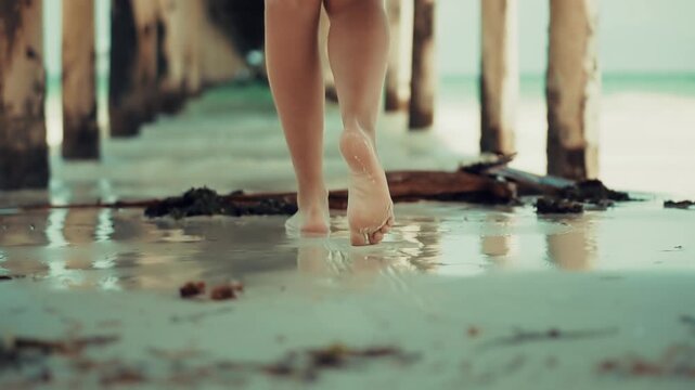 Traveler Walking Barefoot Under Wooden Pier On Tropical Sandy Beach Sea Coast. Summer Vacation 