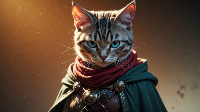 Warrior Tabby Cat in Fantasy Cloak and Armor