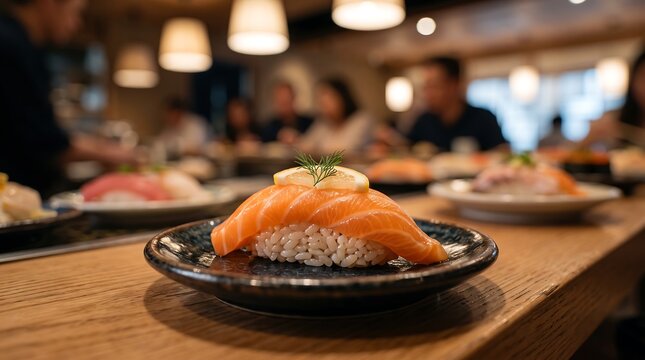 A delectable salmon sushi nigiri, garnished with a slice of lemon, sits on a dark, textured plate, presented in a cozy Japanese restaurant with a softly blurred background.