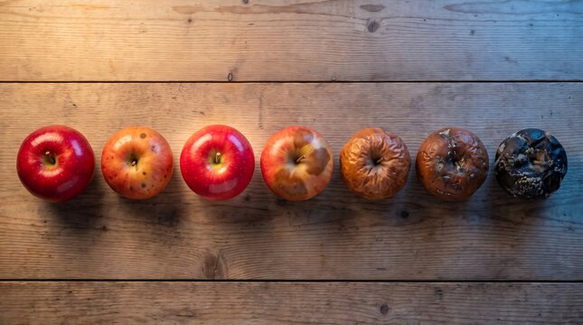 Row of apples showing decay process. Fruit aging stages from fresh to rotten on wood.
