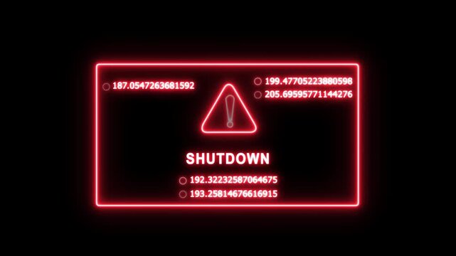 Neon red digital shutdown interface warning screen with rapidly changing data streams and system alert symbols for cyber security, sci-fi ui overlays, futuristic computing, and high-tech error
