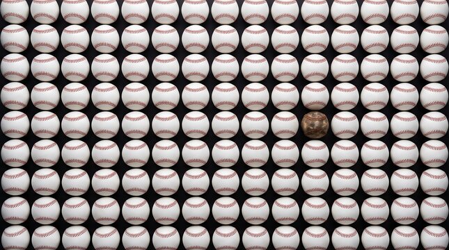 Grid of baseballs with one unique ball. Concept of standing out from the crowd.