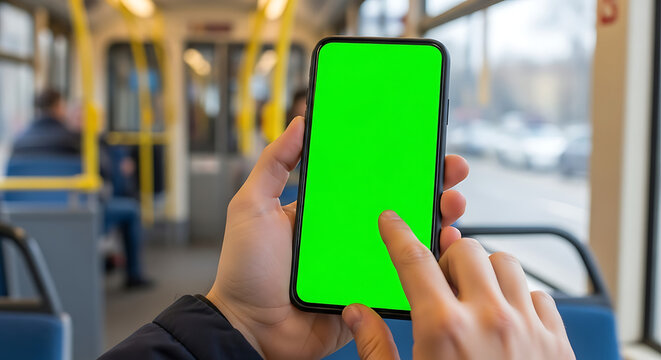 Person holds a modern smartphone with a green screen mockup while commuting on a public bus transit.