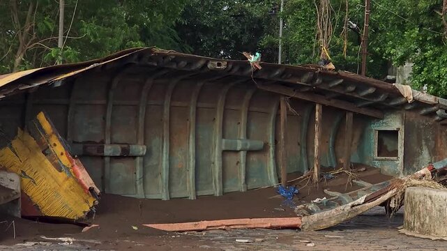 A capsized fishing boat rests on a muddy riverbank after severe flooding, surrounded by debris and damaged infrastructure.
