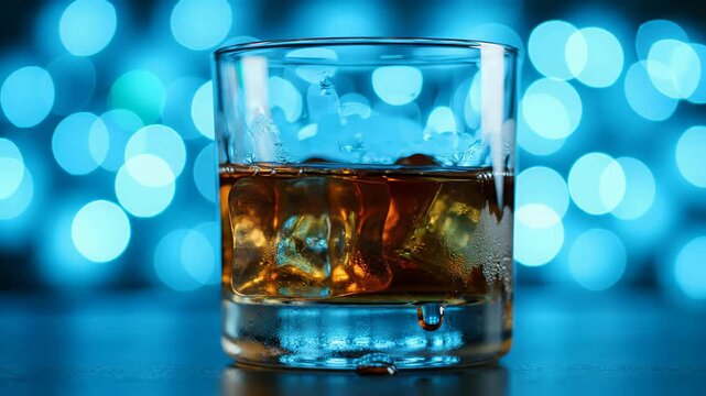 Ice cube falling into glass of amber liquor. Glass with whiskey and ice cubes against blue bokeh background on dark surface. Concept of beverage industry, nightlife, luxury bar.