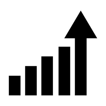Black and white of a bar chart with four vertical columns of increasing height and a large upward pointing arrow, on white background
