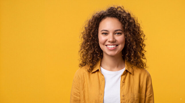 Portrait of a happy young woman with curly hair smiling against a solid yellow background