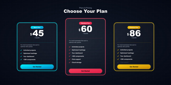 Modern dark mode pricing table ui design with three subscription plans for web or mobile application