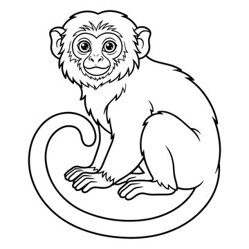 Cute black and white line of a small monkey sitting, curled tail, simple cartoon style, isolated on a white background