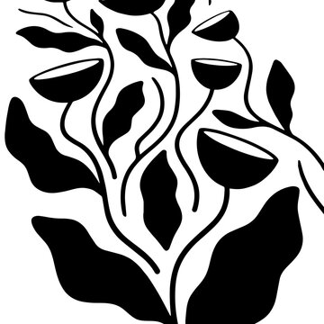 Abstract floral composition with black silhouette half-circle flowers and wavy stems on a white background, for projects