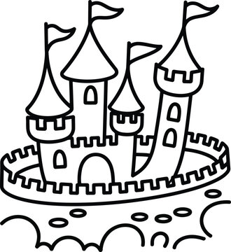 A simple black and white line drawing of a fairytale castle with tall towers and flags for children coloring books