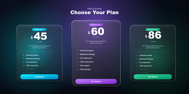 Glassmorphism style pricing plans interface with dark background and glowing neon accents