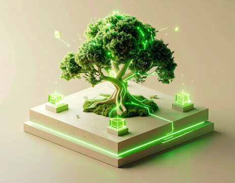 Isometric 3D render of a smart tree connected to a digital data network and glowing grid