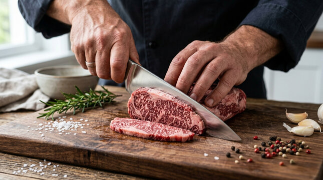 Chef slicing marbled raw beef steak on wooden cutting board, seasoned with herbs and spices