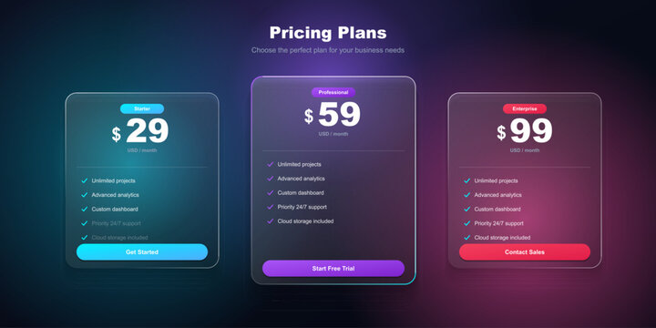 Professional business pricing plans template with glassmorphism effect and gradient lighting