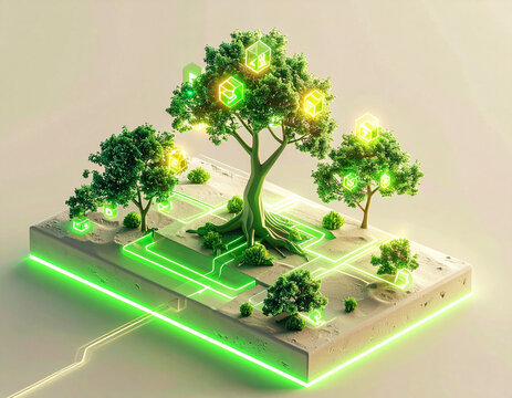 Isometric 3D render of a smart tree connected to a digital data network and glowing grid