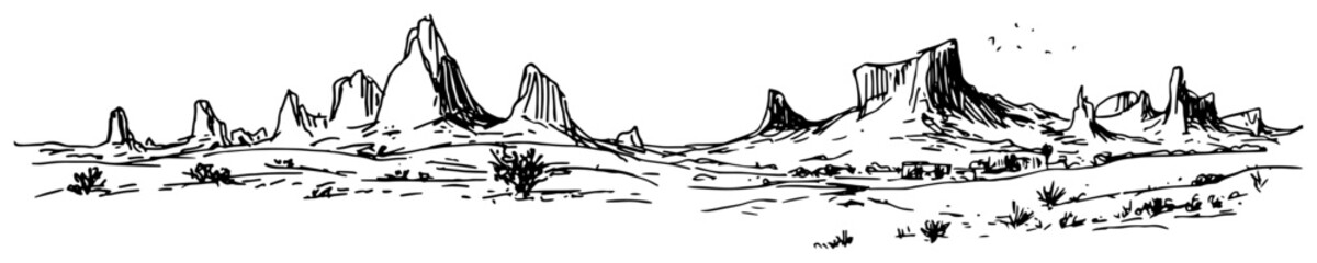 Obraz premium Desert landscape with rock formations and mesas in hand drawn sketch style
