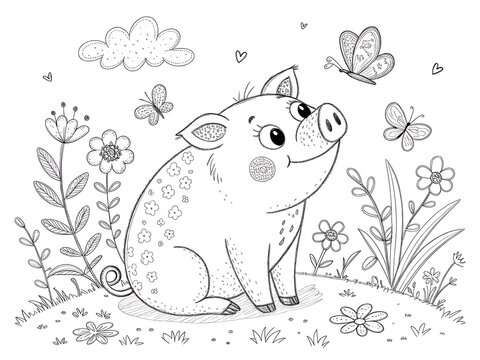 Cute cartoon pig sitting among flowers and butterflies in a garden