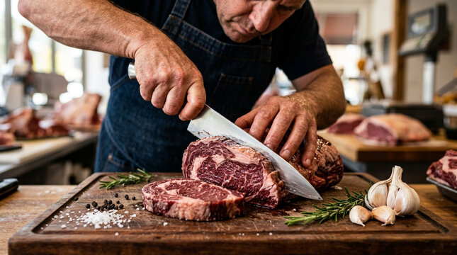 Butcher slicing fresh marbled beef steak on wooden board with rosemary and garlic