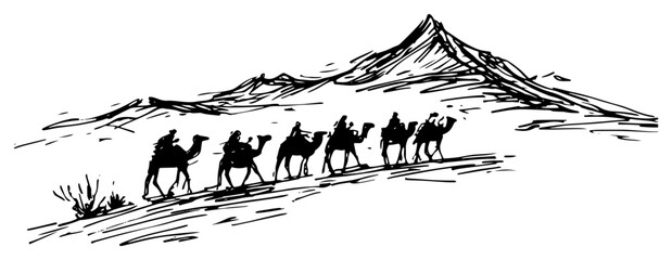 Obraz premium Camel caravan traveling through desert dunes with mountain peak in background hand drawn sketch style