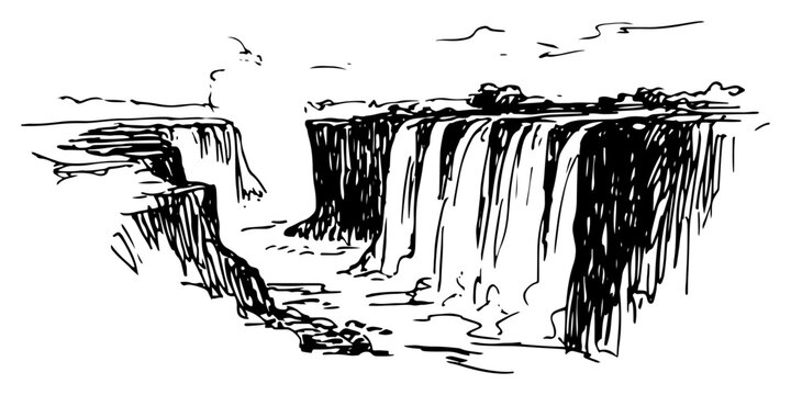 Waterfall cascading from rocky canyon cliffs into river hand drawn sketch style