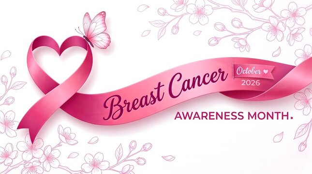 Breast cancer awareness month background with a pink ribbon shaped like a heart and delicate floral elements