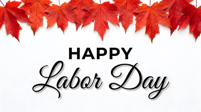 Happy labor day greeting card design with a border of vibrant red maple leaves on white background
