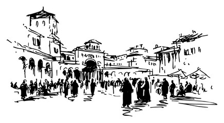 Busy city square with crowd and historical architecture including arches and cafes in hand drawn ink style © AdrianGebert