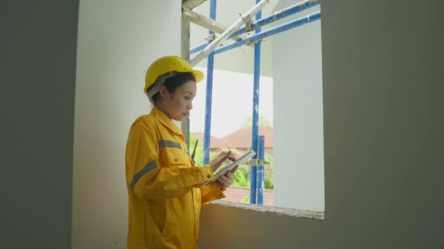 Home inspector in yellow hard hat checks wall inside house under renovation with focused expression and worker using tablet near window opening safety jacket site inspection