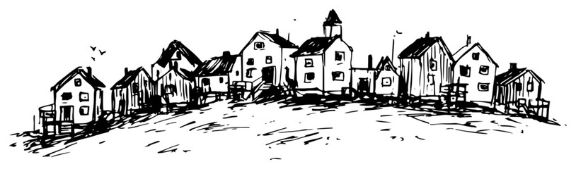 Coastal village with small houses on hill landscape in hand drawn ink sketch style © AdrianGebert