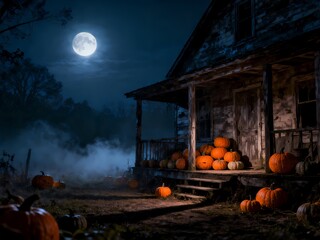Spooky Halloween haunted house at night with glowing pumpkins and full moon in the dark misty fog © DairotilIrfan