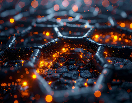 Macro visualization of nanotech graphene lattice structure with glowing molten energy