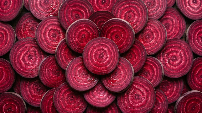 Slices of red beetroot arranged in a circular pattern with a vibrant look.