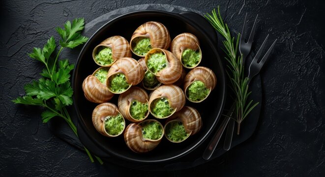 Gourmet Escargots de Bourgogne with Garlic Herb Butter in a Black Bowl on Dark Stone Background