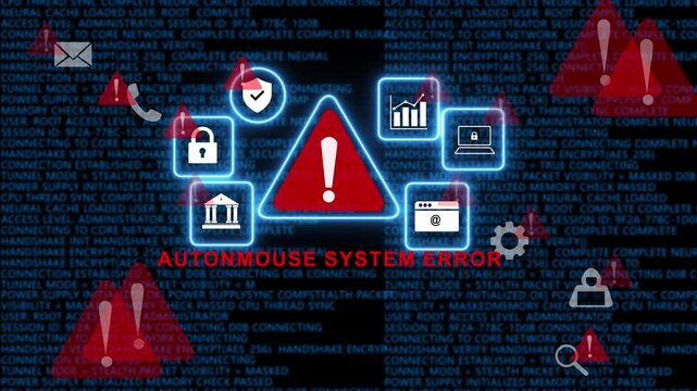 Cybersecurity system failure alert featuring digital warning and glowing red exclamation symbols over a complex matrix code background, representing critical network, breach and data, protection 