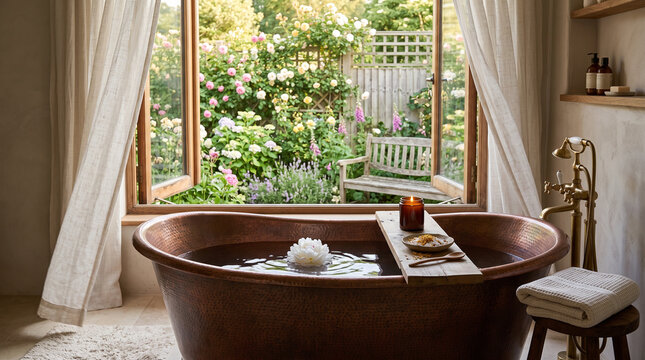 Luxury copper bathtub with wooden tray and candle overlooking flowering garden through large window