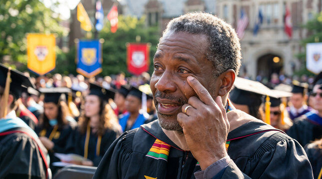 Elderly african american graduate wiping happy tears at university commencement ceremony