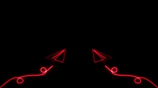 Neon red paper airplane flight path animation on black background