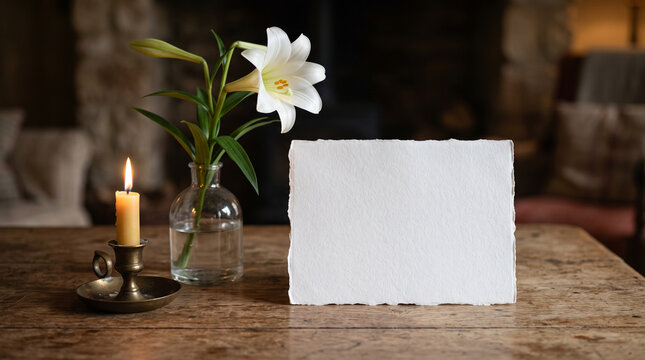 Blank white card with lily flower and candle on wooden table