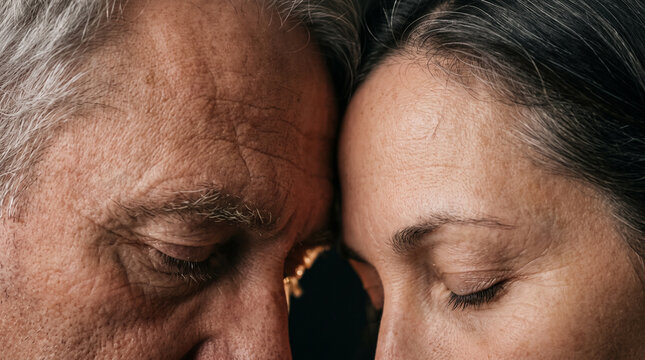 Closeup of mature couple touching foreheads with eyes closed in intimate emotional moment