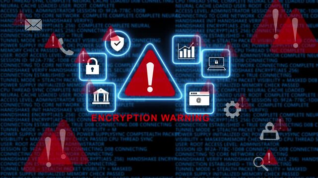 Cybersecurity encryption warning alert with digital data breach and glowing red warning symbols on a dark background, of scrolling binary, code for network, protection and information, security 