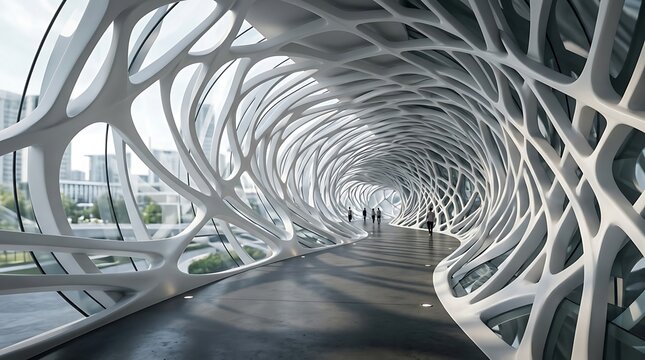 Futuristic tunnel architecture with intricate white parametric design. Modern urban walkway with innovative structural elements.