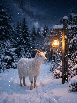 White goat standing beside glowing lantern in snowy winter forest at night