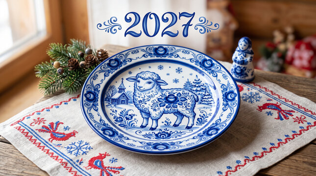 Decorative blue and white ceramic plate with sheep design and 2027 text on embroidered cloth