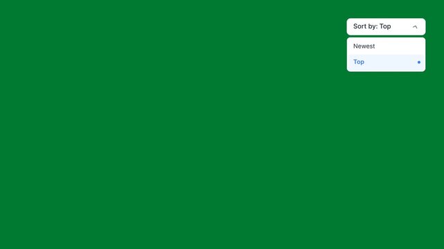 Minimalist user interface dropdown menu for sorting and filtering content on a green screen